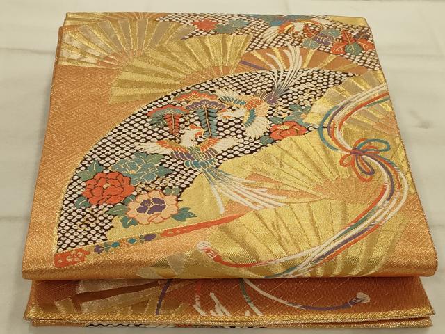 平和屋着物◎佐賀錦 六通柄袋帯 檜扇鳳凰花文 金糸 正絹 逸品 AAAO5456ou