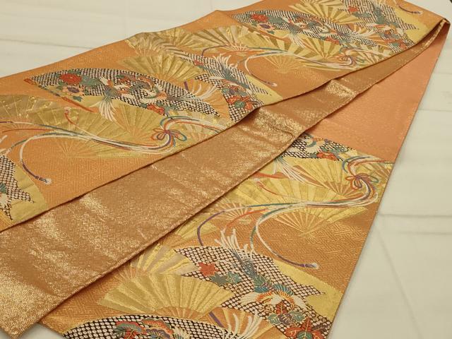 平和屋着物◎佐賀錦 六通柄袋帯 檜扇鳳凰花文 金糸 正絹 逸品 AAAO5456ou
