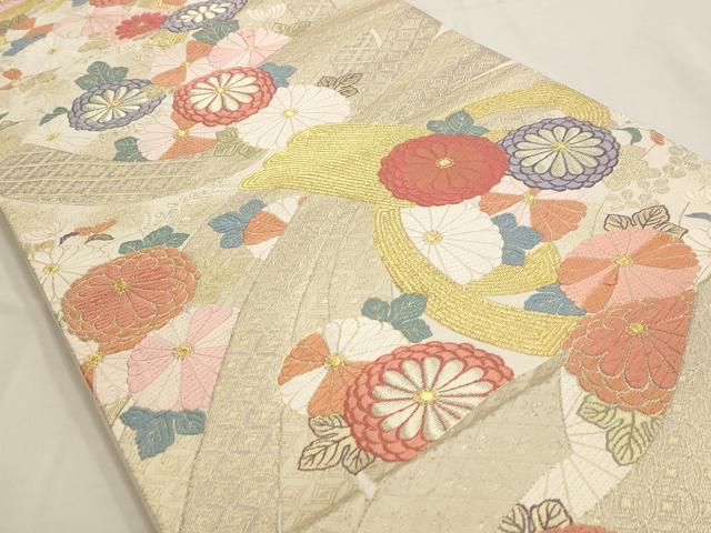 平和屋着物◎六通柄袋帯 唐織 新蒔絵紋 束ね熨斗花文 八重菊 金糸 正絹 逸品 AAAO6769st