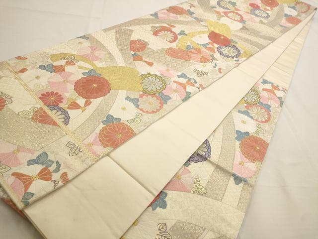 平和屋着物◎六通柄袋帯 唐織 新蒔絵紋 束ね熨斗花文 八重菊 金糸 正絹 逸品 AAAO6769st