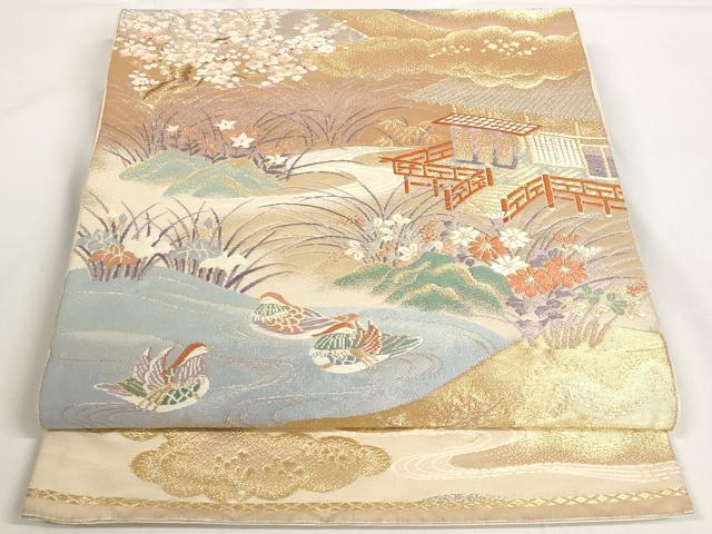 平和屋着物◎六通柄袋帯 風景鴛鴦花文 金銀糸 正絹 逸品 AAAO6838st