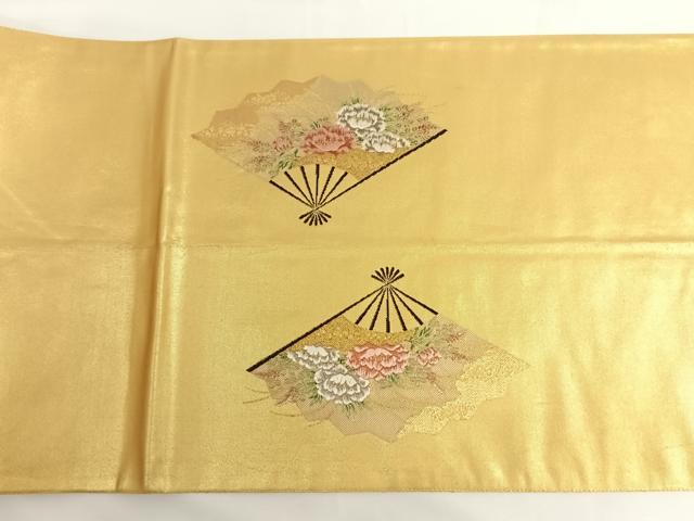 平和屋着物◎六通太鼓柄袋帯 扇面洛中図 色紙重ね御所車花文 金糸 引箔 正絹 逸品 AAAO6925wt
