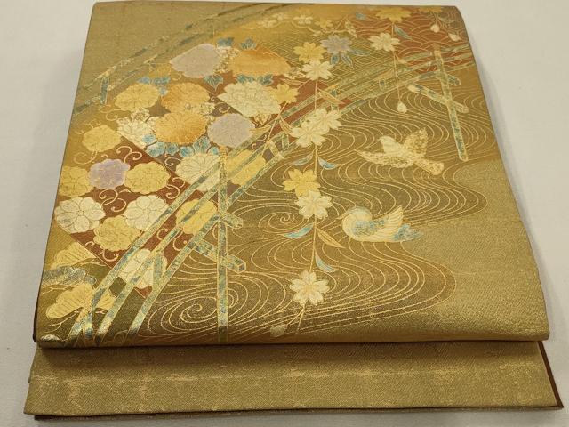 平和屋着物◎六通太鼓柄袋帯 渡橋花鳥文 金糸 金彩 正絹 逸品 AAAO7140ou
