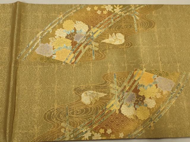 平和屋着物◎六通太鼓柄袋帯 渡橋花鳥文 金糸 金彩 正絹 逸品 AAAO7140ou