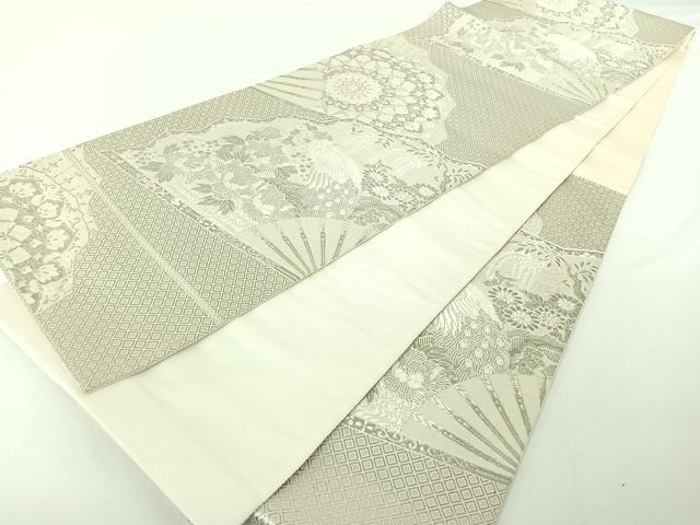 平和屋着物◎六通柄袋帯 唐織 舞扇花鳥文 銀糸 正絹 逸品 AAAO7460jh