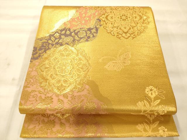 平和屋着物◎六通柄袋帯 道長正倉院花蝶文 金糸 正絹 逸品 AAAO8615fw