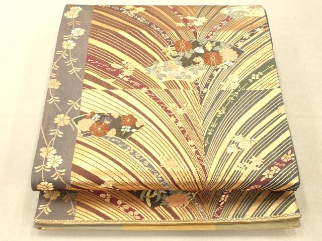 平和屋着物◎両面六通柄袋帯 唐織 孔雀羽地紙草花文 金糸 正絹 逸品 AAAO8907fw