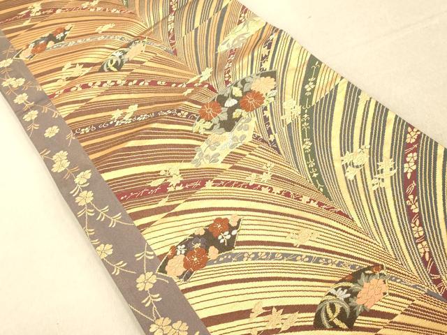 平和屋着物◎両面六通柄袋帯 唐織 孔雀羽地紙草花文 金糸 正絹 逸品 AAAO8907fw