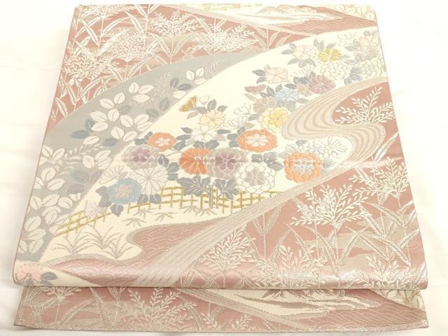 平和屋着物◎六通柄袋帯 道長流水草花文 金銀糸 正絹 逸品 AAAO9707ru