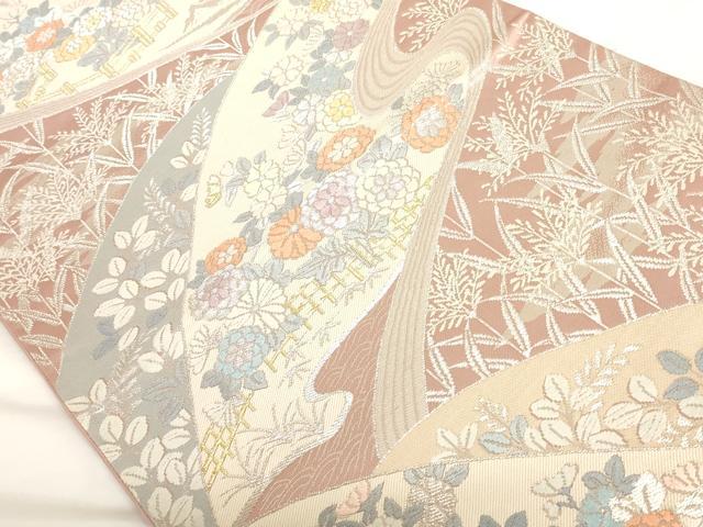 平和屋着物◎六通柄袋帯 道長流水草花文 金銀糸 正絹 逸品 AAAO9707ru