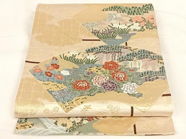 平和屋着物◎六通柄袋帯 唐織 扇面草花文 金糸 正絹 逸品 AAAO9992wt