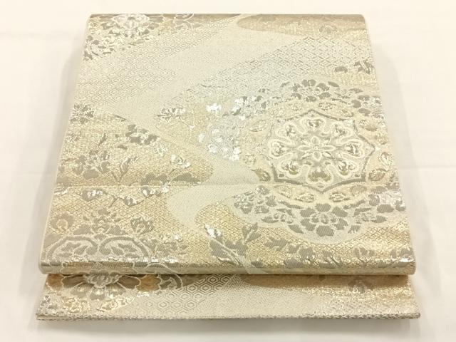 A2 扇に波模様 金通し 金 灰 正倉院華文 唐草 六通 正絹 フォーマルな袋帯 A2 扇に波模様 金通し 金 灰 正倉院華文 唐草 六通 正絹