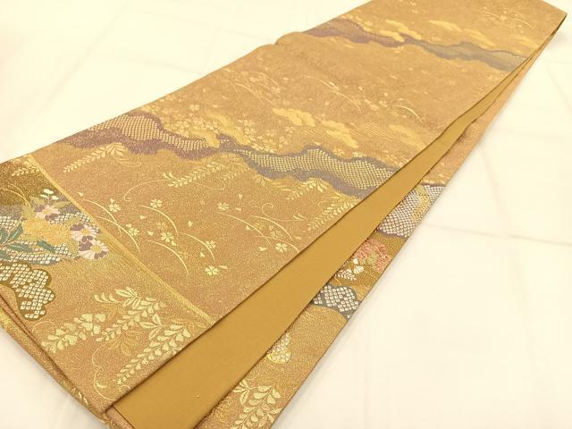 平和屋着物◎六通柄袋帯 吉祥花文 楽器 金糸 正絹 逸品 AAAP0589ey