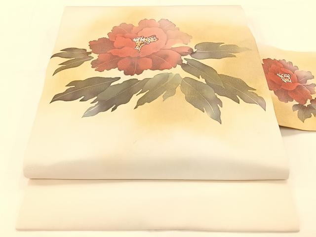 平和屋着物◎塩瀬 九寸名古屋帯 牡丹文 金彩 正絹 逸品 AAAP0872ey