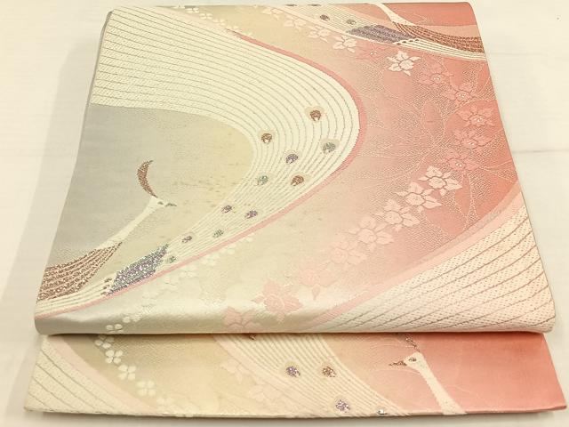 平和屋着物◎六通柄袋帯 唐織 花鳥文 銀糸 正絹 逸品 AAAP3678jh