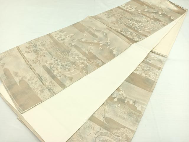 平和屋着物◎六通柄袋帯 千代錦 風景文 銀糸 正絹 逸品 AAAP3679jh