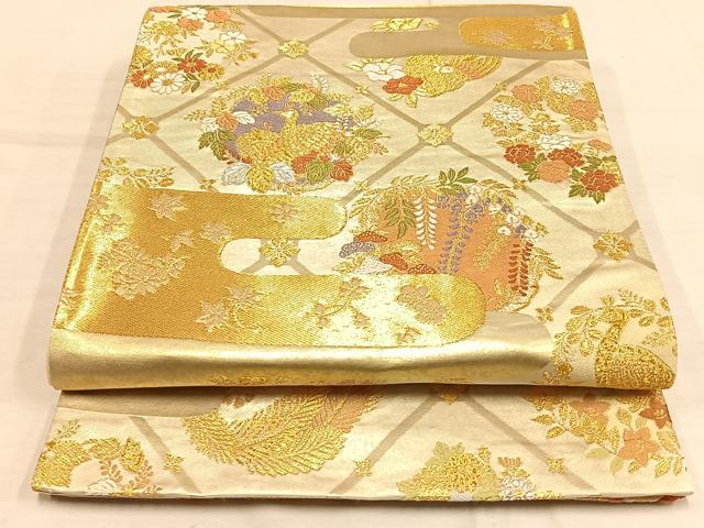 平和屋着物◎六通柄袋帯 唐織 エ霞花鳥文 金銀糸 引箔 正絹 逸品 AAAP6304ey