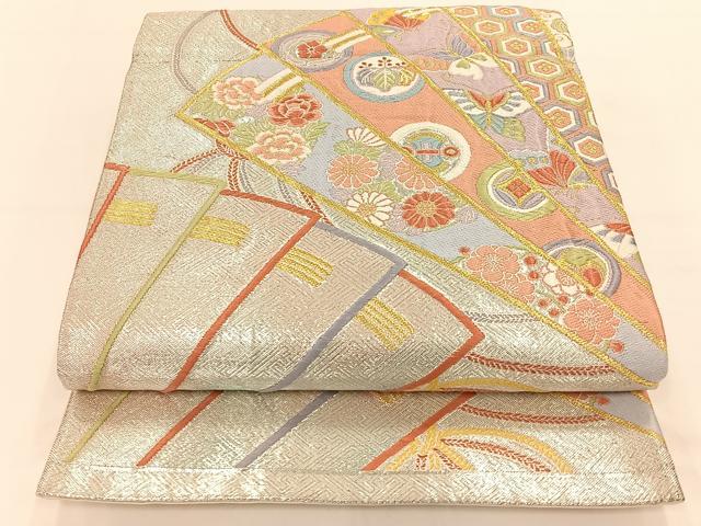 平和屋着物◎佐賀錦 六通柄袋帯 唐織 扇吉祥花蝶文 金銀糸 正絹 逸品 AAAP6309ey