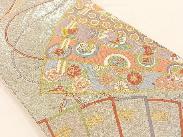 平和屋着物◎佐賀錦 六通柄袋帯 唐織 扇吉祥花蝶文 金銀糸 正絹 逸品 AAAP6309ey