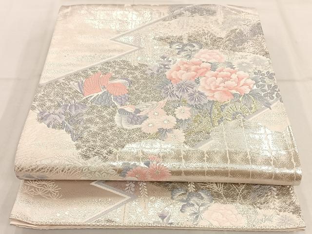 平和屋着物◎六通柄袋帯 唐織 霞花鳥文 銀糸 正絹 逸品 AAAP9935ey