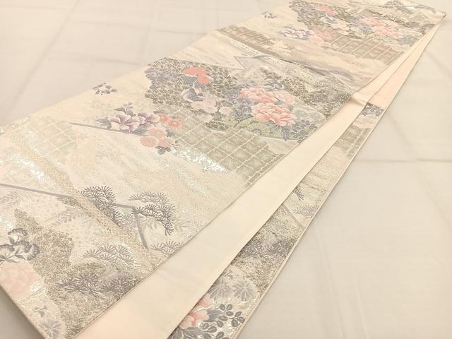 平和屋着物◎六通柄袋帯 唐織 霞花鳥文 銀糸 正絹 逸品 AAAP9935ey
