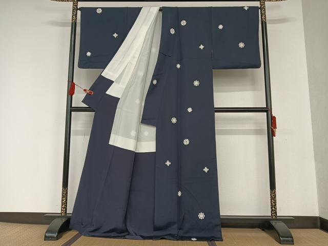 平和屋着物●上質な小紋 正倉院花文 漆黒色地 ロング丈 正絹 逸品 AAAQ0468np