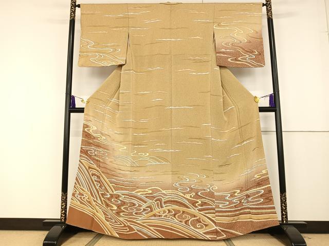 平和屋着物●訪問着 流水 金彩 鬼しぼ縮緬 正絹 逸品 AAAQ0745np