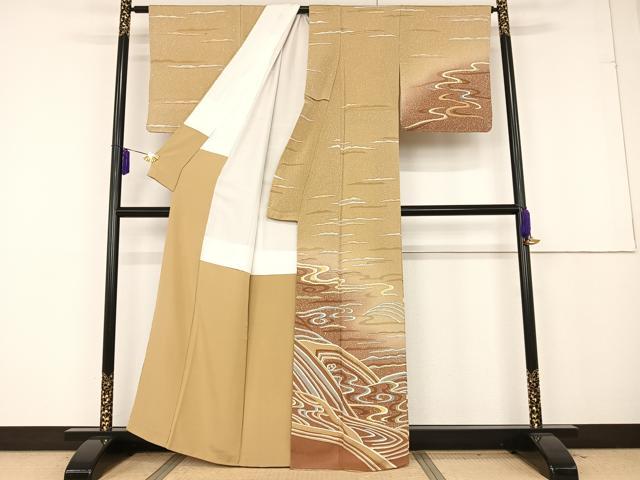 平和屋着物●訪問着 流水 金彩 鬼しぼ縮緬 正絹 逸品 AAAQ0745np