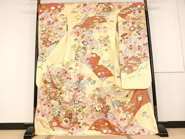 平和屋着物●豪華振袖 駒刺繍 貝桶花鞠文 金彩 正絹 逸品 AAAQ0774np
