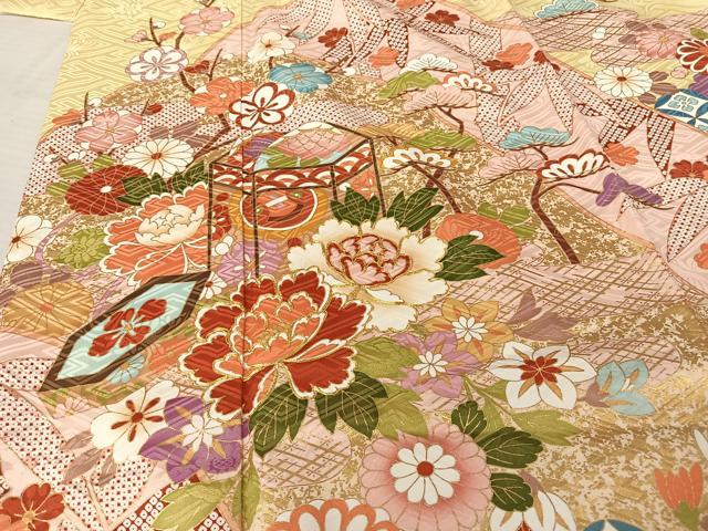 平和屋着物●豪華振袖 駒刺繍 貝桶花鞠文 金彩 正絹 逸品 AAAQ0774np