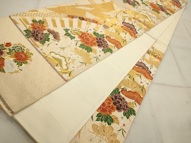 平和屋着物◎六通柄袋帯 唐織 片輪車花文 金糸 正絹 逸品 AAAQ1225tm
