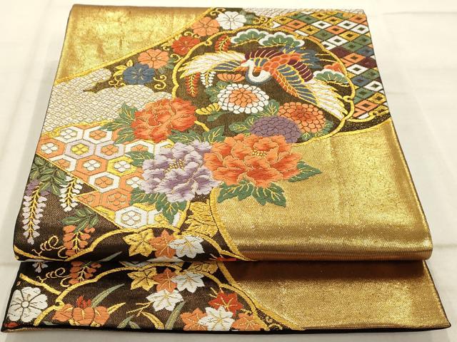 平和屋着物◎六通柄袋帯 唐織 雪輪花鳥文 黒地 金糸 正絹 逸品 AAAQ1239tm