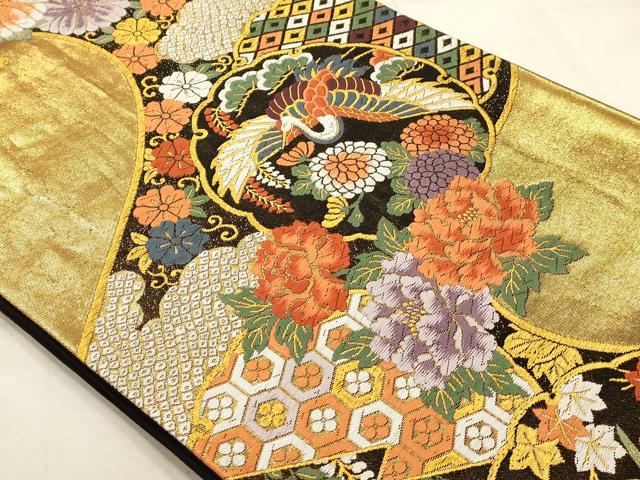 平和屋着物◎六通柄袋帯 唐織 雪輪花鳥文 黒地 金糸 正絹 逸品 AAAQ1239tm