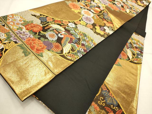 平和屋着物◎六通柄袋帯 唐織 雪輪花鳥文 黒地 金糸 正絹 逸品 AAAQ1239tm