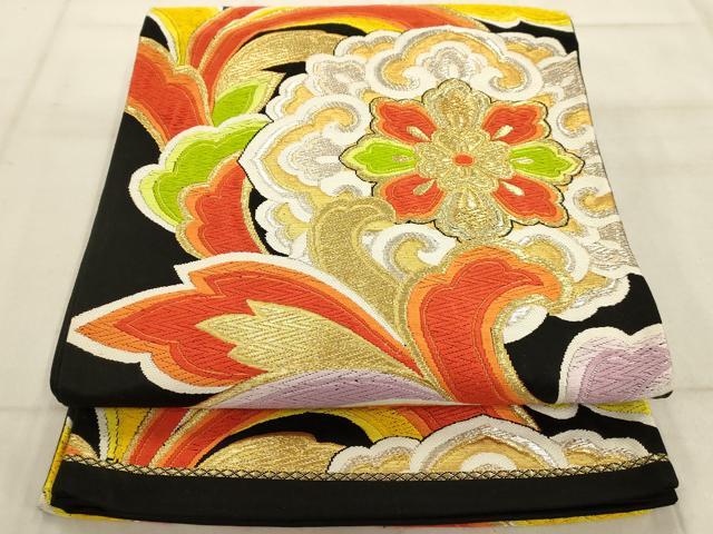 平和屋着物◎六通柄袋帯 唐織 正倉院花文 黒地 金糸 正絹 逸品 AAAQ5741tm