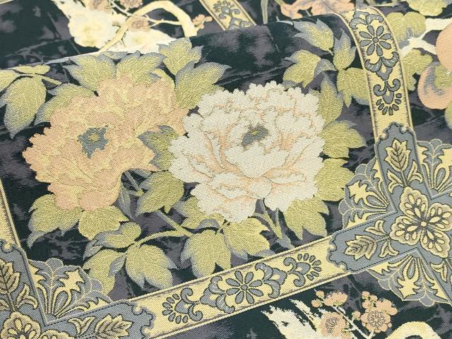 平和屋着物●山喜織物謹製 萬葉 紹巴 全通柄袋帯 草花文 正絹 逸品 AAAQ7847wj