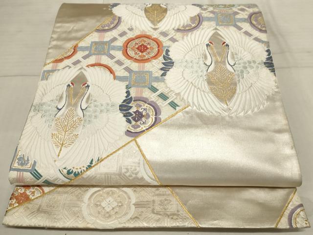 平和屋着物◎六通柄袋帯 唐織 裂取双鶴花文 金銀糸 正絹 逸品 AAAR1738sx