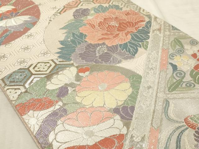 平和屋着物◎佐賀錦 六通柄袋帯 格天井花鳥図 銀糸 正絹 逸品 AAAR1769sx