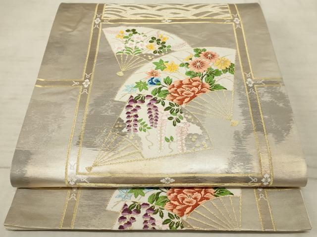 平和屋着物◎六通柄袋帯 唐織 扇面花文 金糸 引箔 正絹 逸品 AAAR1880sx