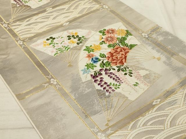 平和屋着物◎六通柄袋帯 唐織 扇面花文 金糸 引箔 正絹 逸品 AAAR1880sx