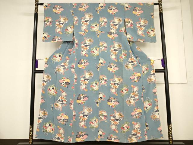 平和屋着物□上質な小紋 型染め 草花丸文 鬼しぼ縮緬 正絹 逸品