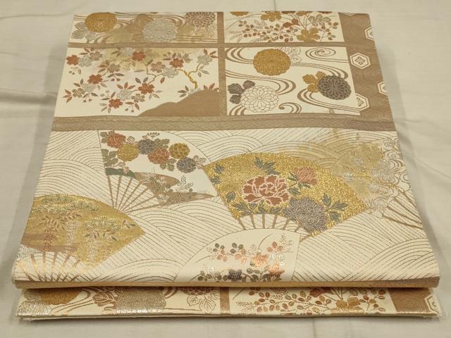 平和屋着物◎六通柄袋帯 扇面草花文 金銀糸 正絹 逸品 AAAR4631ou