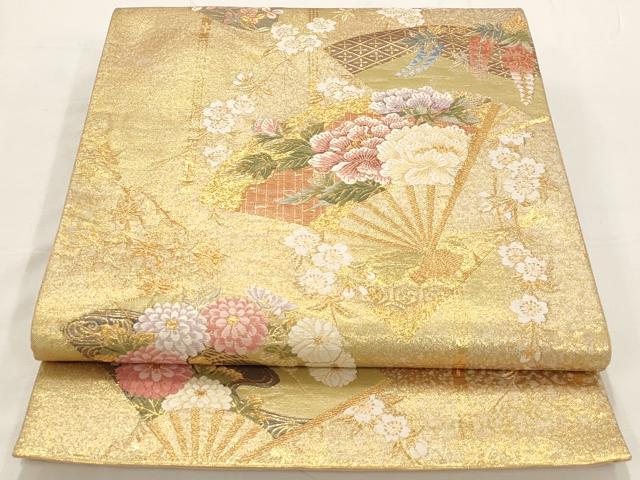 平和屋着物◎六通柄袋帯 扇面花文 金糸 正絹 逸品 AAAR5099st