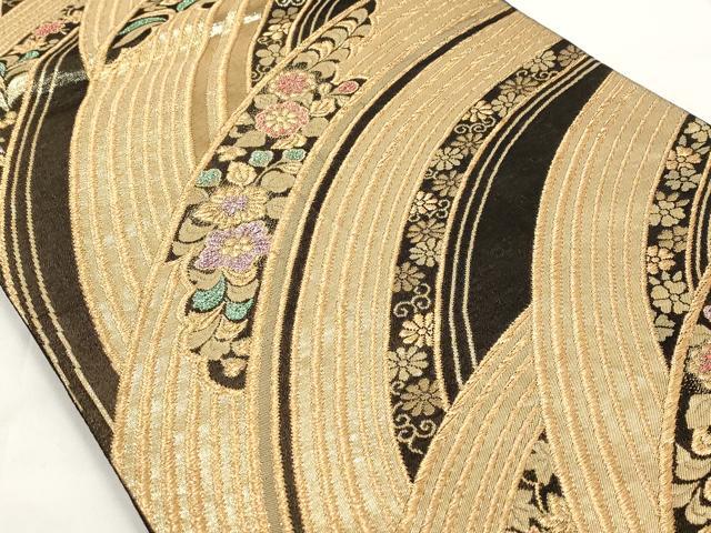 平和屋着物◎六通柄袋帯 流水花文 黒地 金糸 鈴乃屋扱い 正絹 逸品 AAAR6969st