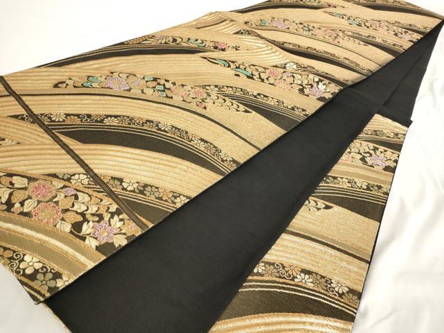 平和屋着物◎六通柄袋帯 流水花文 黒地 金糸 鈴乃屋扱い 正絹 逸品 AAAR6969st