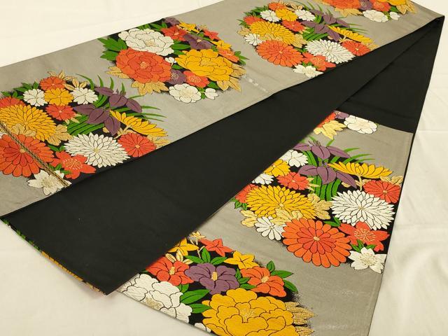 平和屋着物◎六通柄袋帯 唐織 草花丸文 黒地 金銀糸 正絹 逸品 AAAR8004ou