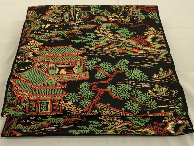 平和屋着物◎六通柄袋帯 唐織 風景文 黒地 金糸 正絹 逸品 AAAR8006ou