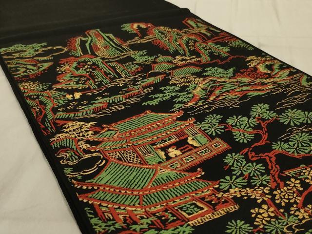 平和屋着物◎六通柄袋帯 唐織 風景文 黒地 金糸 正絹 逸品 AAAR8006ou