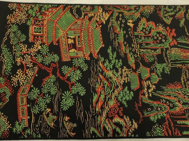 平和屋着物◎六通柄袋帯 唐織 風景文 黒地 金糸 正絹 逸品 AAAR8006ou