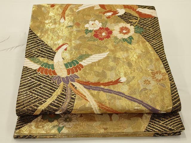 平和屋着物◎六通柄袋帯 唐織 尾長鳥花文 黒地 金糸 正絹 逸品 AAAR8496ou